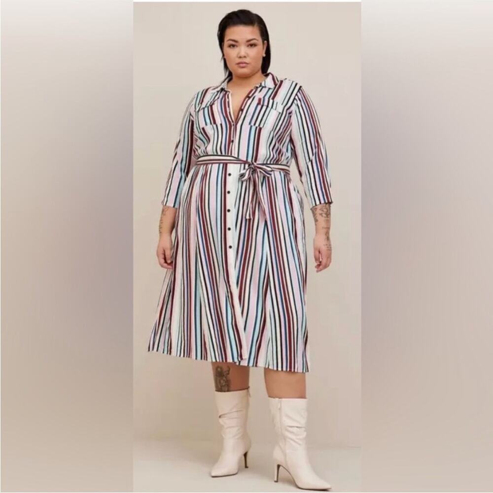 Torrid white pink black striped belted button down midi shirt dress size 00‎ M/L